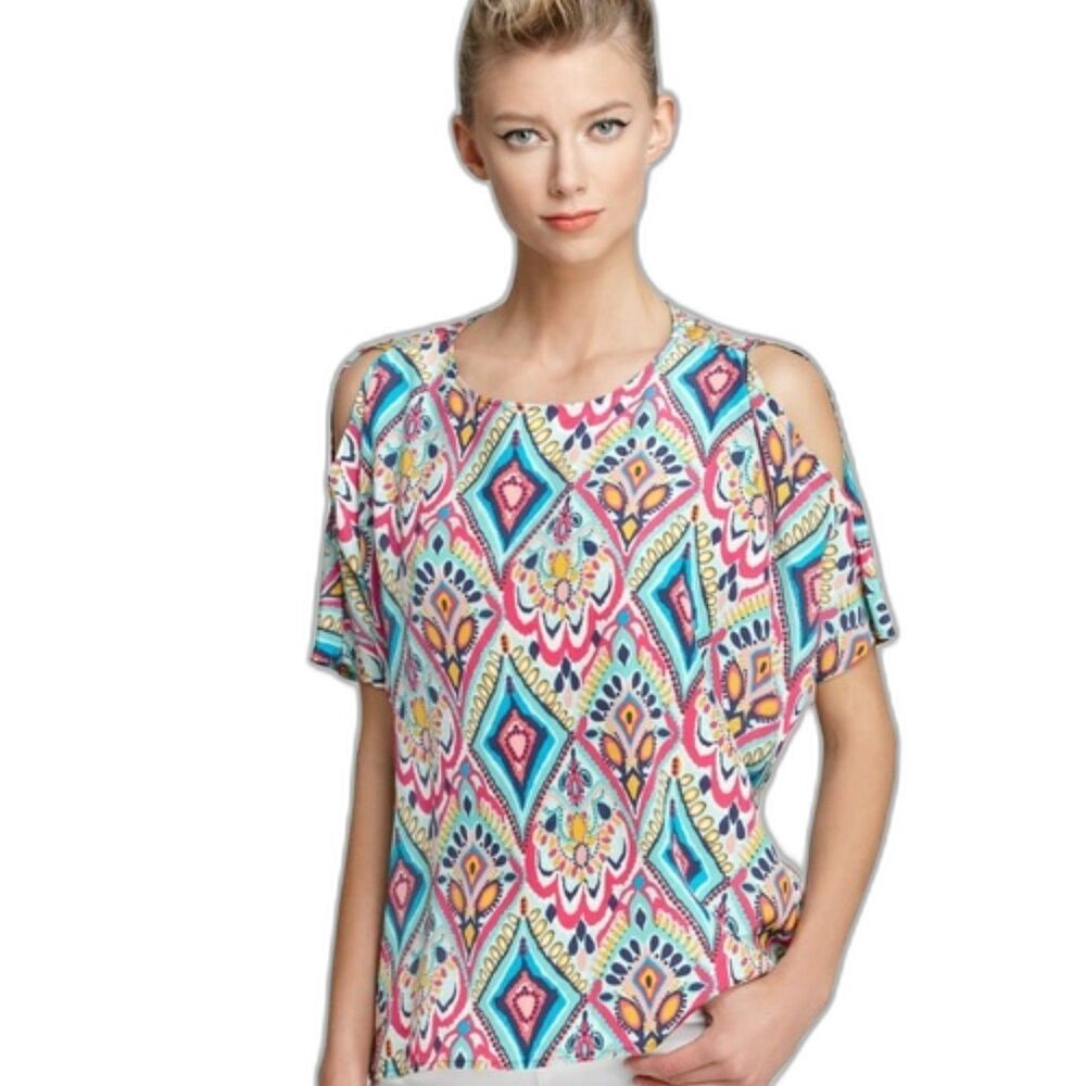 Lilly Pulitzer NWOT Trace Silk Top Crown Jewels Cold Shoulder Boxy Blouse Sz M